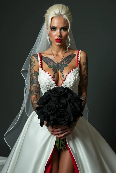 a one woman, Alta loira, with strong makeup red lipstick, wearing a wedding dress, with cleavage showing all her tattoos, a butterfly tattoo on the chest, on the feet red high heels, on the hem of the dress a red colored strip in her hands a bouquet of bla...