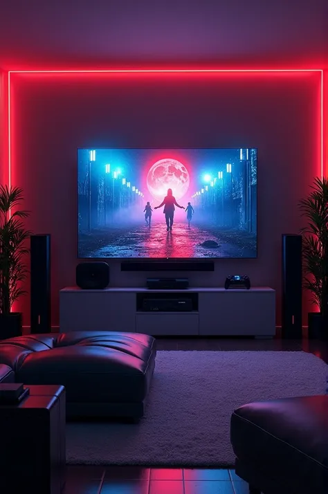 A gaming room with a 4K TV, and the TV is displaying the "Stranger Things" series.