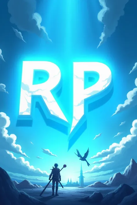 Make a 700 x 700 image with a light blue animated setting with anime and the letters RP centered and large with legendary lettering, do it like an advertising poster 