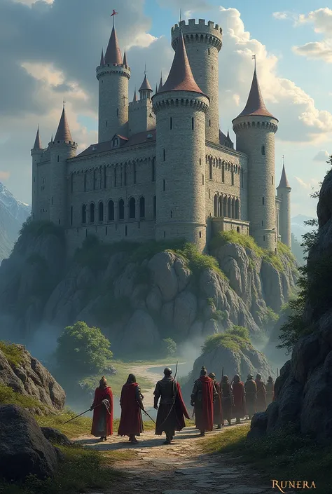 medieval castle that says "Runera", below Runera in slightly smaller letters that says "The Ancient Insurrection" with a group of Warriors, wizards, sorceresses, Archers and Druids in Alliance Formation