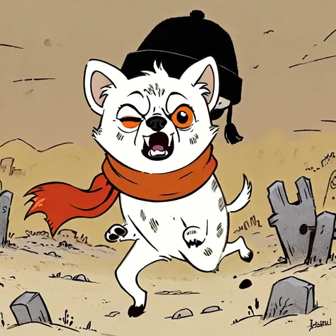 White Hyena, two Circle Eye, dot Pupil, pug mouth, angry, Black beanie, red scarf, shirt, orange shirt, running, Desert and Graveyard, art by Kim Jung-Gi and John Patrick Green