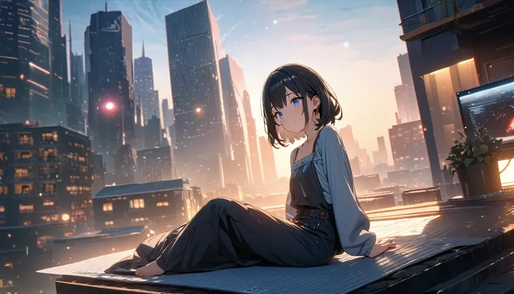 ((ultra-detailed))/ (one women with short black hair and bob hair.、beautiful blue eyes,.、smile、gentle smile on her face、flat chest, one Beautiful girl,((masterpiece, illustration, best quality) ((ultra-detailed))/),sitting on top of her apartment roof and ...