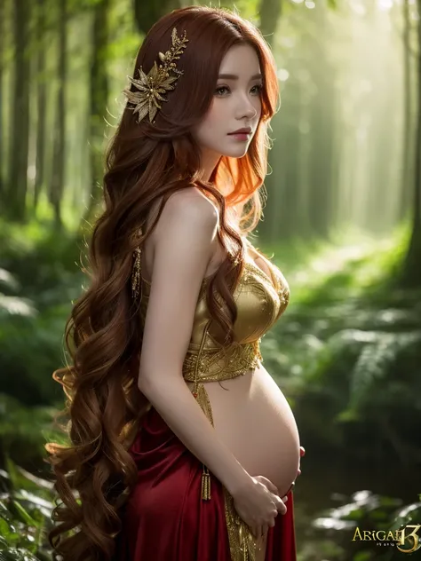 a beautiful redheaded asian girl pregnant, looking at her estomac, VERY LONG and very very very SILKY HAIR, very elegant elf dress, dense forest, no sunlight, detailed face and eyes, very big tits (best quality,4k,8k,highres,masterpiece:1.2),ultra-detailed...