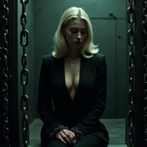 A mysterious film noir scene: a  girl with light blonde hair to her shoulders sits in a dimly lit prison cell, surrounded by chains hanging from the walls and floor. her eyes cast downward as she gazes at the chain wrapped around her wrists. A black suit. ...