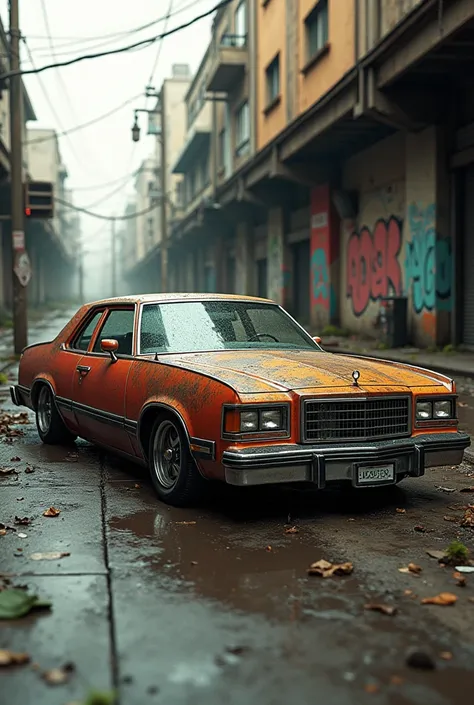 A hyper-realistic image of a custom lowrider car in an urbanpunk style. The car is in a dynamic composition, centered, with sharp focus on its intricate details. The scene has raw, extreme detailed grunge textures, with slight imperfections adding to the n...