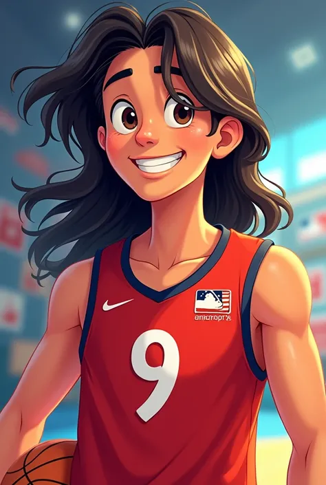 Cartoon young man with long hair wearing glasses basketball jersey red number 9