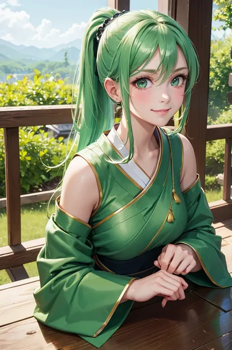 Best Quality,High resolution,8k,finelity detailed background,Masterpiece:1.2),beautiful girl,Shiny green hair,pony tail,Green Eyes,Gentle look,A refreshing look,smile,Best quality,Best Quality,Aesthetic and aesthetic:1.2,Best details((Super detailed))(High...