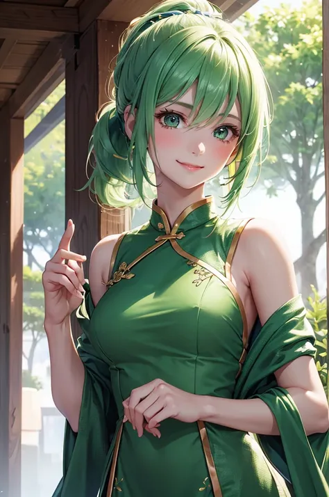 Best Quality,High resolution,8k,finelity detailed background,Masterpiece:1.2),beautiful girl,Shiny green hair,pony tail,Green Eyes,Gentle look,A refreshing look,smile,Best quality,Best Quality,Aesthetic and aesthetic:1.2,Best details((Super detailed))(High...