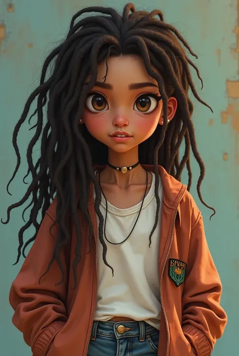 White Brazilian girl with skater style, baggy clothes and dreadlocks, dark brown curly hair, light brown eyes and a bit sloppy, a bit reggae style 