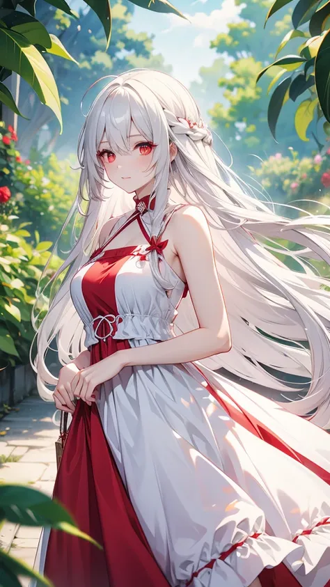 Long white hair, red eyes, woman, adult, summer dress