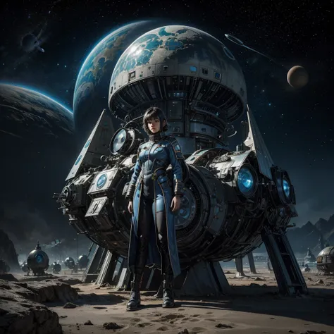 
a woman in a futuristic uniform of the interplanetary fleet rests in an alien village of a planetary colony, the alien village is populated by strange and surreal alien figures, the village is made up of alien houses and a planet can be glimpsed in the sk...