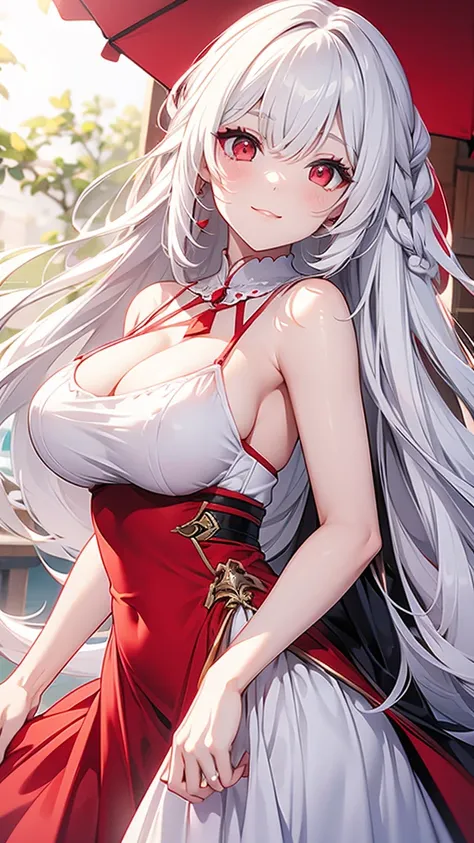 Long white hair, red eyes, woman, adult, summer dress, large breasts