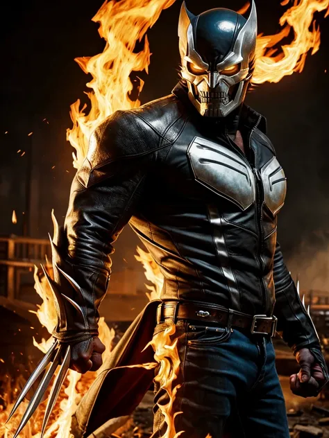 Wolverine as Ghost Rider, transformed, exteremly detailed flames, Masterpiece, High Resolution, Best Quality, High Details, Cowboy Shot, From Side, Looking at viewer, Depth Of Field, skull head on fire, Marvel cinematic Universe, 