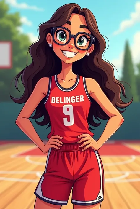 Cartoon of young woman with long hair wearing glasses and red basketball jersey number 9