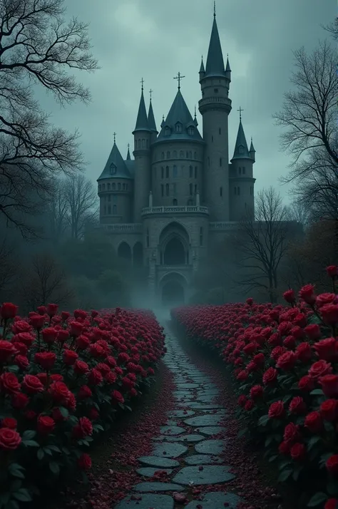 Create an image of a castle full of black roses , Dark and medieval vampire style 