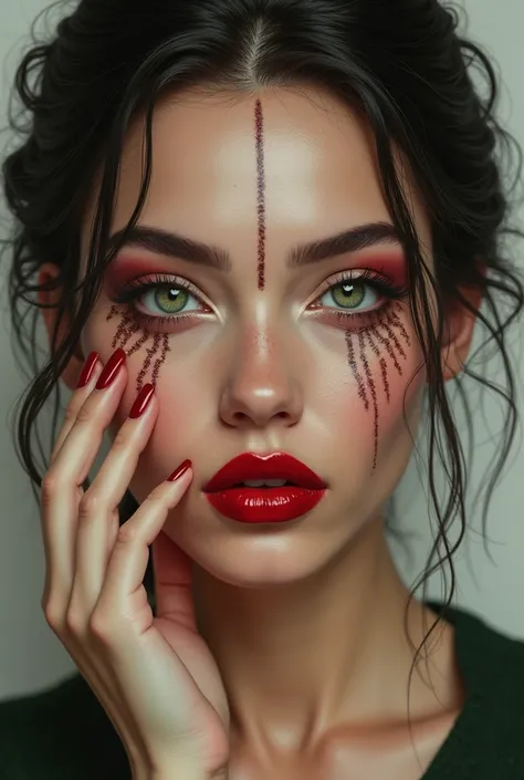 Woman with red lipstick, make-up, greeneyes, hand on face, nails painted red, written angel of women on the face