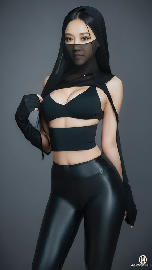 （lifelike， high - resolution：1.3），full body , 1 girl with a perfect body， Super fine face and eyes，slong hair， diamond midriff of black colors：1.2， black shiny leggings，face veil,   big boob，Expose cleavage, ninja pose, satin gloves.