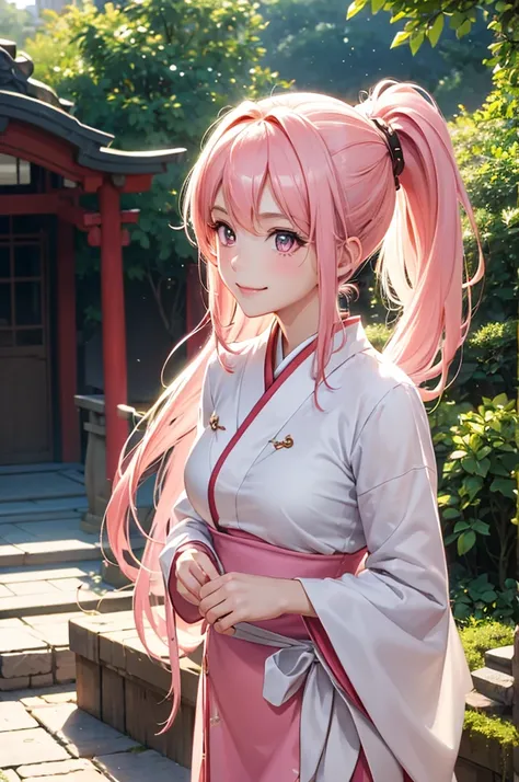 Best Quality,High resolution,8k,finelity detailed background,Masterpiece:1.2),beautiful girl,Shiny pink hair,pony tail,Pink eyes,Gentle look,A refreshing look,smile,Best quality,Best Quality,Aesthetic and aesthetic:1.2,Best details((Super detailed))(High-d...