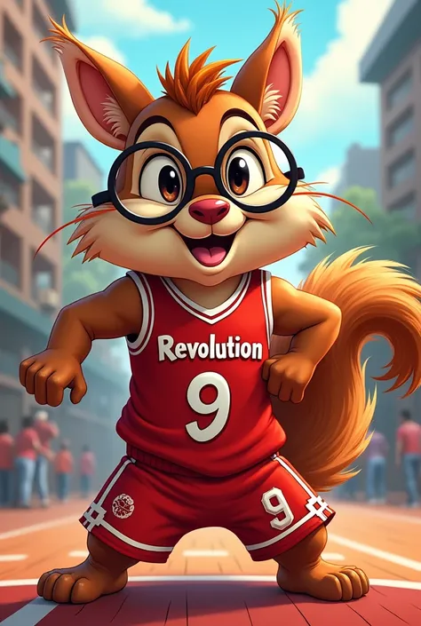 Cartoon squirrel with long hair wearing glasses basketball jersey red number 9 team revolution