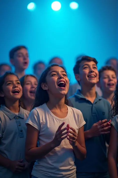 Give me this text “THE TIME HAS COME TO SING TO GOD” in Spanish, and add children singing happily with a blue background