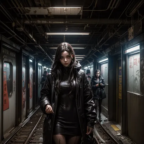 
a mysterious girl with a sinister appearance finds herself in a dilapidated subway station, behind her a subway train where male and female undead can be glimpsed from the windows