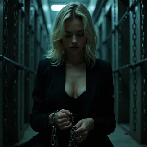 A mysterious film noir scene: a  girl with light blonde hair to her shoulders sits in a dimly lit prison cell, surrounded by chains hanging from the walls and floor. her eyes cast downward as she gazes at the chain wrapped around her wrists. A black suit. ...