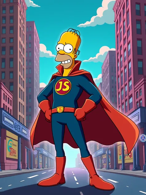 a javascript developer as super hero with letters "JS" on chest and yellow and blue colors in simpsons style