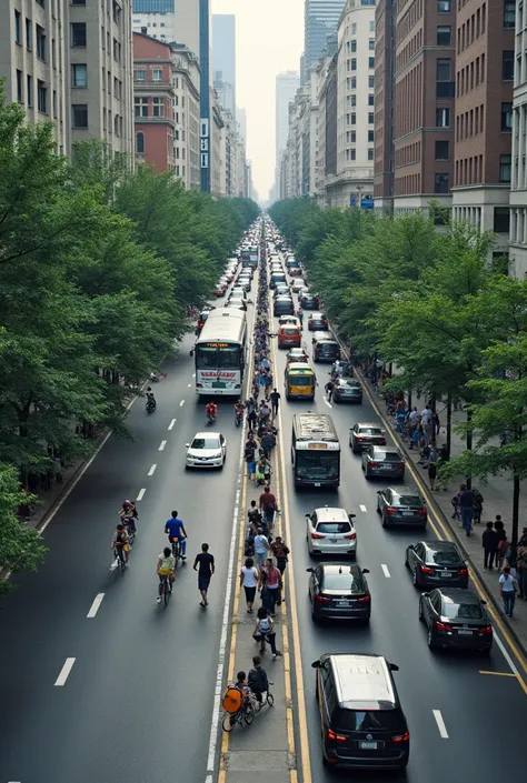 City seen from above with narrow sidewalks, with pedestrians and cyclists moving around. Large roads with cars, buses and motorcycles in traffic jam. Bus stop without cover and full of people.
