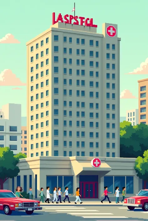 image of a hospital, com o nome de Greys Sloan Memorial, with people and doctors passing by, with cars on the street, all in pixels and pastel tones