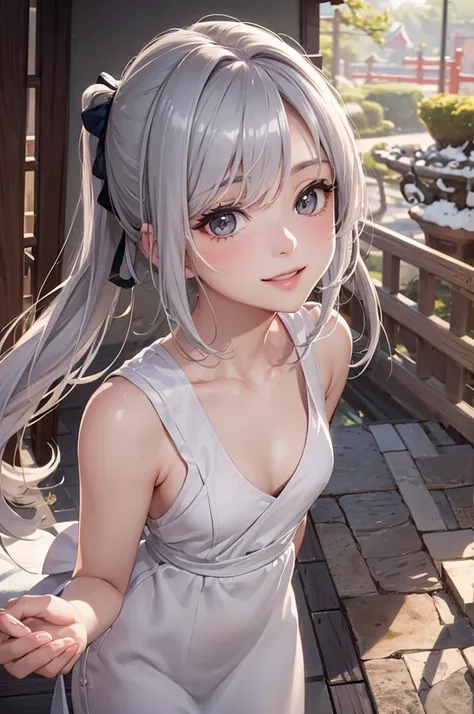 Best Quality,High resolution,8k,finelity detailed background,Masterpiece:1.2),beautiful girl,Glossy romance gray hair,pony tail,Gray eyes,Gentle look,A refreshing look,smile,Best quality,Best Quality,Aesthetic and aesthetic:1.2,Best details((Super detailed...