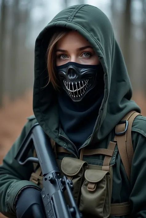 Please create an image of a beautiful young woman from the Ukrainian armed forces, all hooded and wearing a very scary armed forces mask and holding a gun