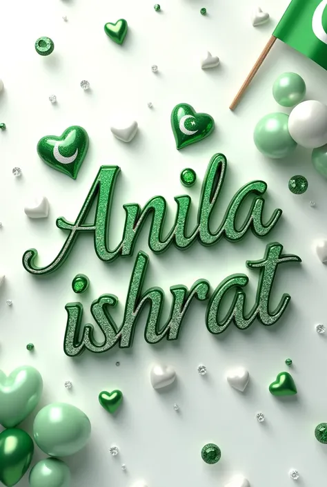 A captivating 3D anime-inspired artwork set against a pristine white background, masterfully capturing the essence of love and appreciation for "Anila ishrat" The name is written in elegant Green and silver typography, adorned with silver and diamonds in g...