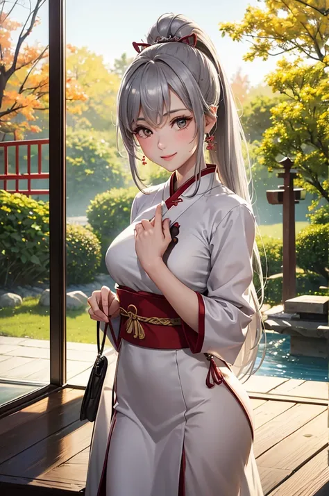 Best Quality,High resolution,8k,finelity detailed background,Masterpiece:1.2),beautiful girl,Glossy romance gray hair,pony tail,Gray eyes,Gentle look,A refreshing look,smile,Best quality,Best Quality,Aesthetic and aesthetic:1.2,Best details((Super detailed...