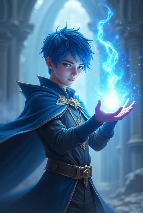 Create a 20 year old with blue hair, with a cape, releasing a burst of light in his hands 