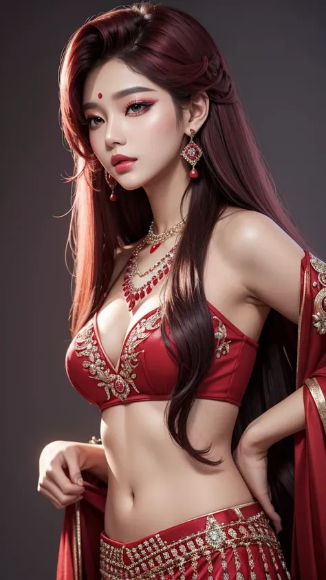 kpop model singer.Wearing Red Colour Treditional korian Diamond Earrings And Necklace Long Hair pink lips.eyeshadow.eyeliner Shes Looking preety .Parfect Body. 4k Ultra Hd Masterpiece image..Fully Realistic Image..