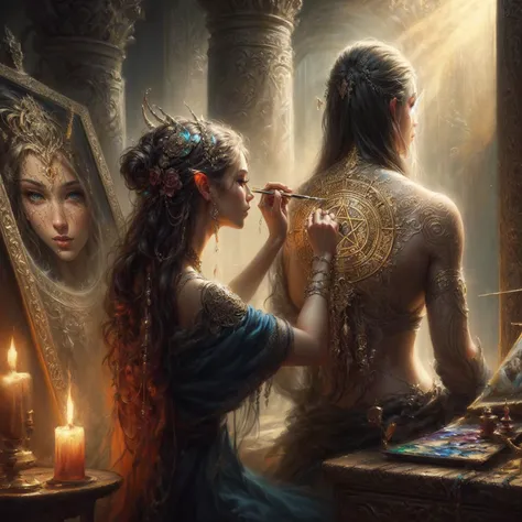 painting of a woman painting on a man, hyperrealistic fantasy art, realistic fantasy painting, detailed painting 4 k, amazing fantasy art, detailed fantasy art, realistic fantasy artwork, graphic artist magali villeneuve, breathtaking fantasy art, epic fan...