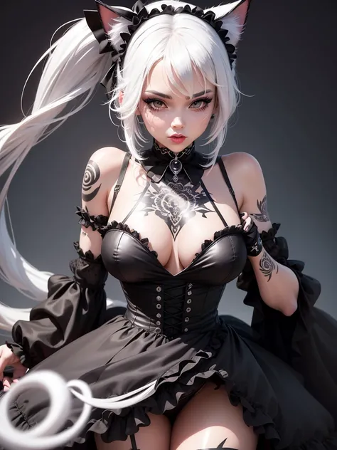 ultra hd digital art, a woman with black/white hair, black tattoos, lolita dress, glossy lips, cat ears, she bends forward