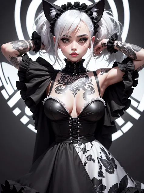 ultra hd digital art, a woman with black/white hair, black tattoos, lolita dress, glossy lips, cat ears, she bends forward