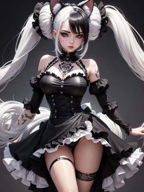 ultra hd digital art, a woman with black/white hair, black tattoos, lolita dress, glossy lips, cat ears, she bends forward