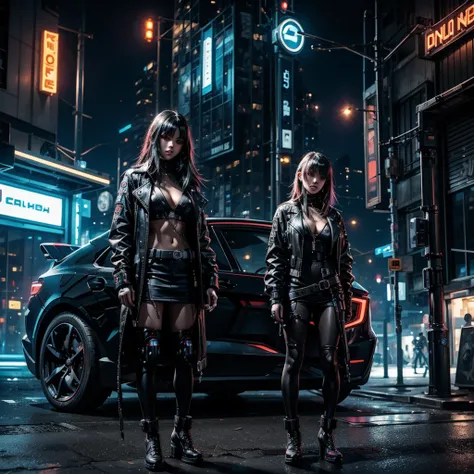 
a cyberpunk girl stands outside a nightclub on a street of a futuristic and dystopian city, not far away you can see futuristic cars with some cyborgs