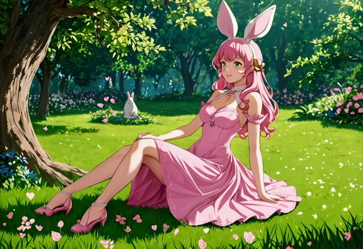 Elphelt Valentine sitting on the green grass, with a sexy pose and her characteristic pink dress 