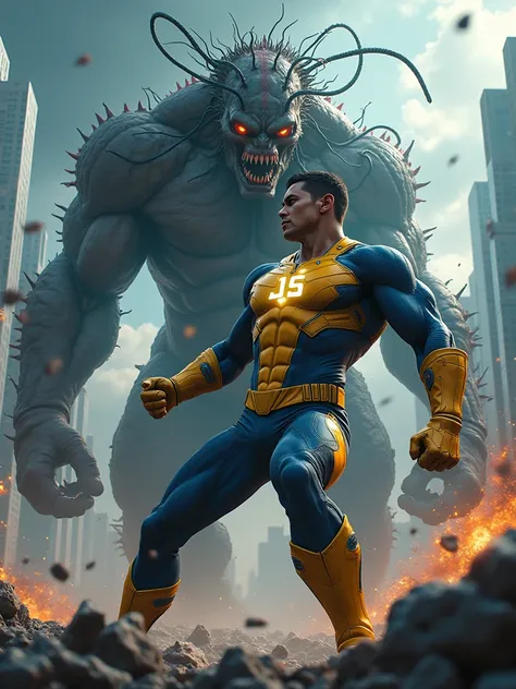 a javascript developer as super hero with letters "JS" on chest and yellow and blue colors fighting against a javascript bug monster in marvel style