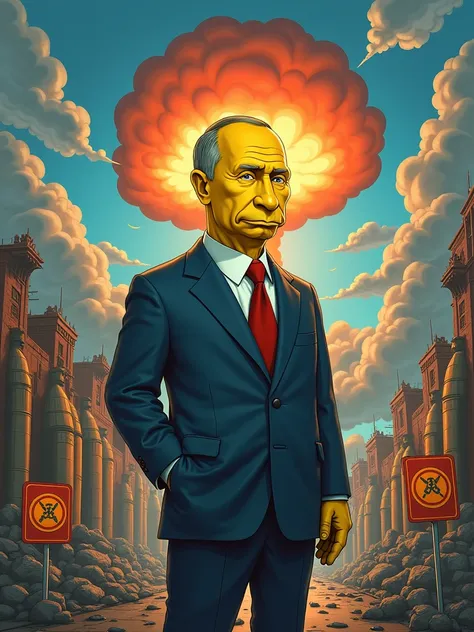 Vladimir Putin on apocalyptic background with nuclear weapons, bomb, Simpsons style, yellow skin