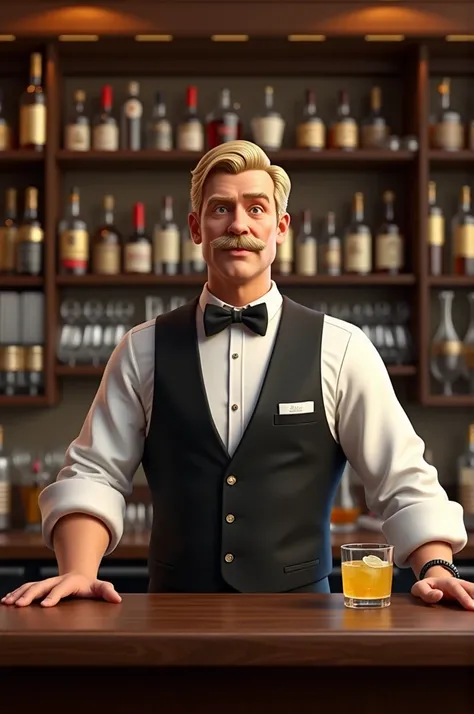 Middle-aged character with short blond hair and a mustache wearing a bartender&#39;s suit 