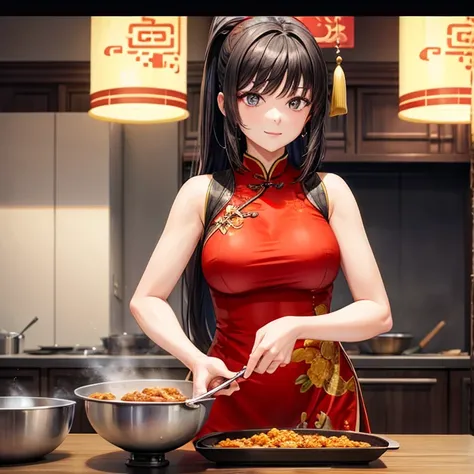 A woman in a Chinese dress making mapo tofu curry