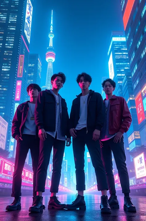 create an image of a Jpop group with only 4 men.Standing showing full body against a background of Tokyo buildings in neon blue colors