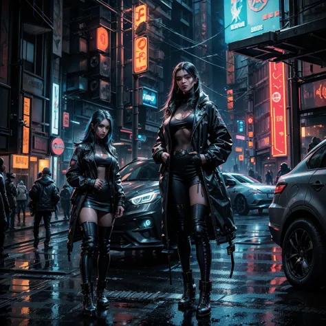 A cyberpunk girl, beautiful detailed eyes, beautiful detailed lips, extremely detailed eyes and face, long eyelashes, cyberpunk outfit, standing outside a neon-lit futuristic nightclub, futuristic dystopian city, neon lights, rainy street, futuristic flyin...