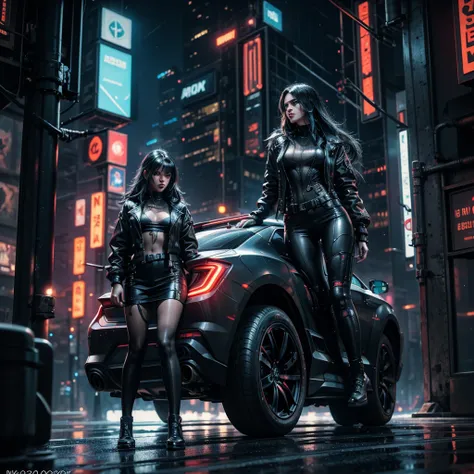 A cyberpunk girl, beautiful detailed eyes, beautiful detailed lips, extremely detailed eyes and face, long eyelashes, cyberpunk outfit, standing outside a neon-lit futuristic nightclub, futuristic dystopian city, neon lights, rainy street, futuristic flyin...