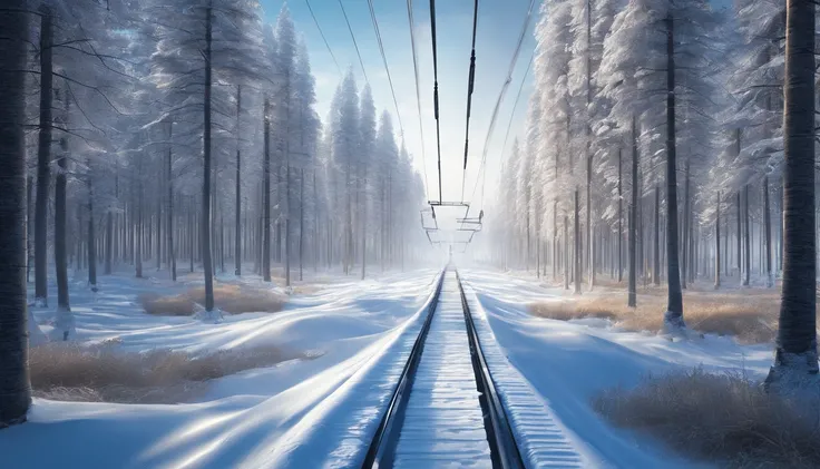 Tram tracks in the countryside, winter, forest visible in the distance, high detail, high resolution, high quality