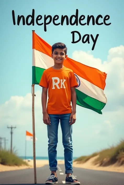 A real 25 years old boy hieght 5.3m, Wearing Orange T shirt blue jeans sneakers and the name “RK” is written on his t-shirt and the boy is standing on the road with holding a national flag of India, and behind him is the beach. And written on sky “Independ...